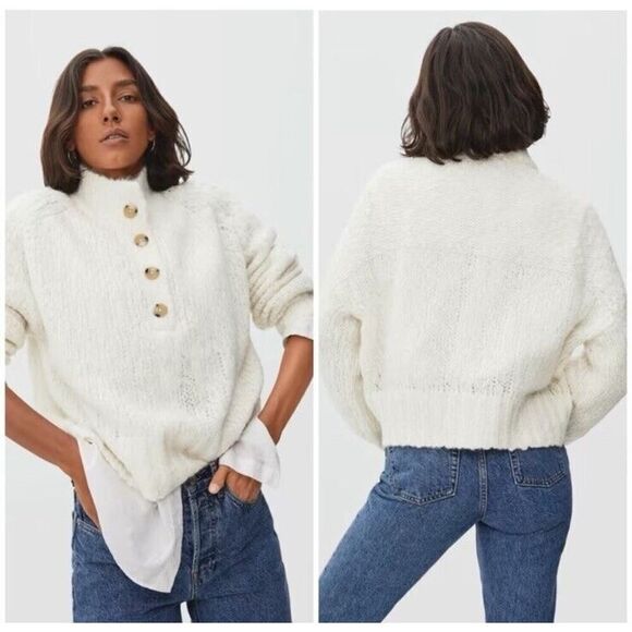 EVERLANE The Lofty Knit Henley Alpaca Wool Sweater Heathered Ivory XL - Picture 1 of 11